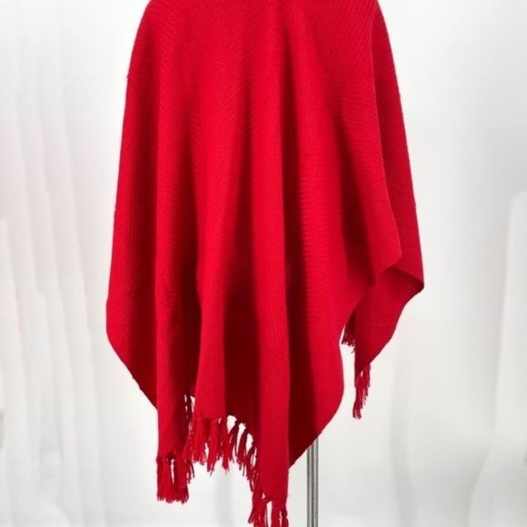 Handwoven Fringed Wool Poncho Red Churchill Artisan Made Shawl Wrap - Christmas - Picture 6 of 8